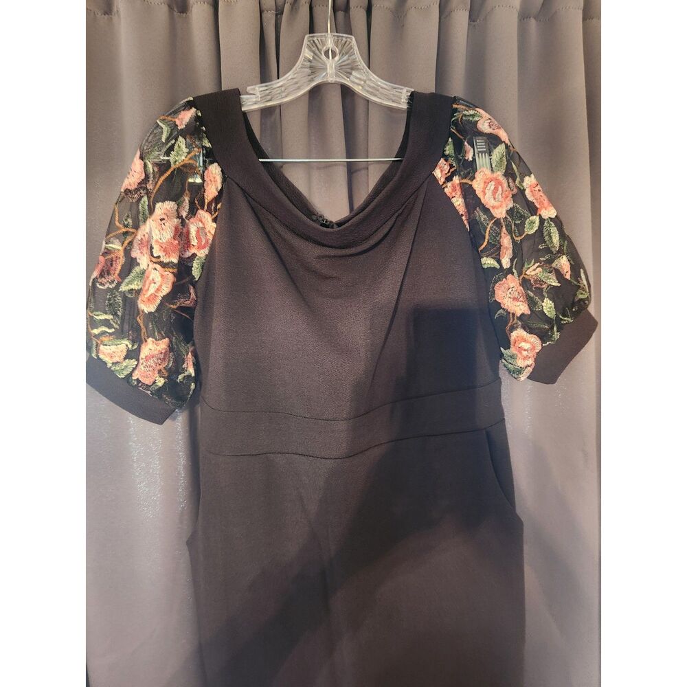 Zshujun Women's XL NWT Black Dress with Sheer Floral Lace Short Sleeves - Picture 2 of 7